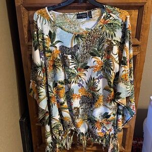 Attitudes by Renee Women's Jungle Print Blouse - Orange, Green, Black